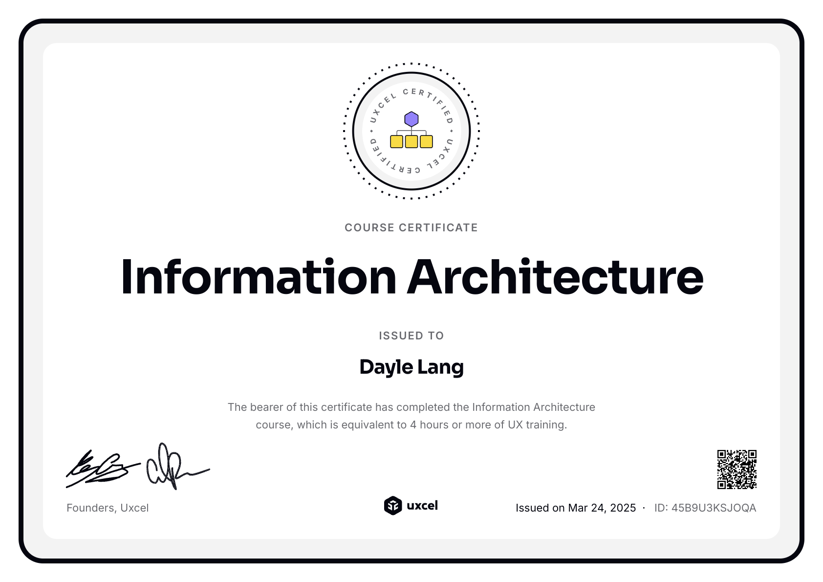 Dayle Lang-Campbell's certificate